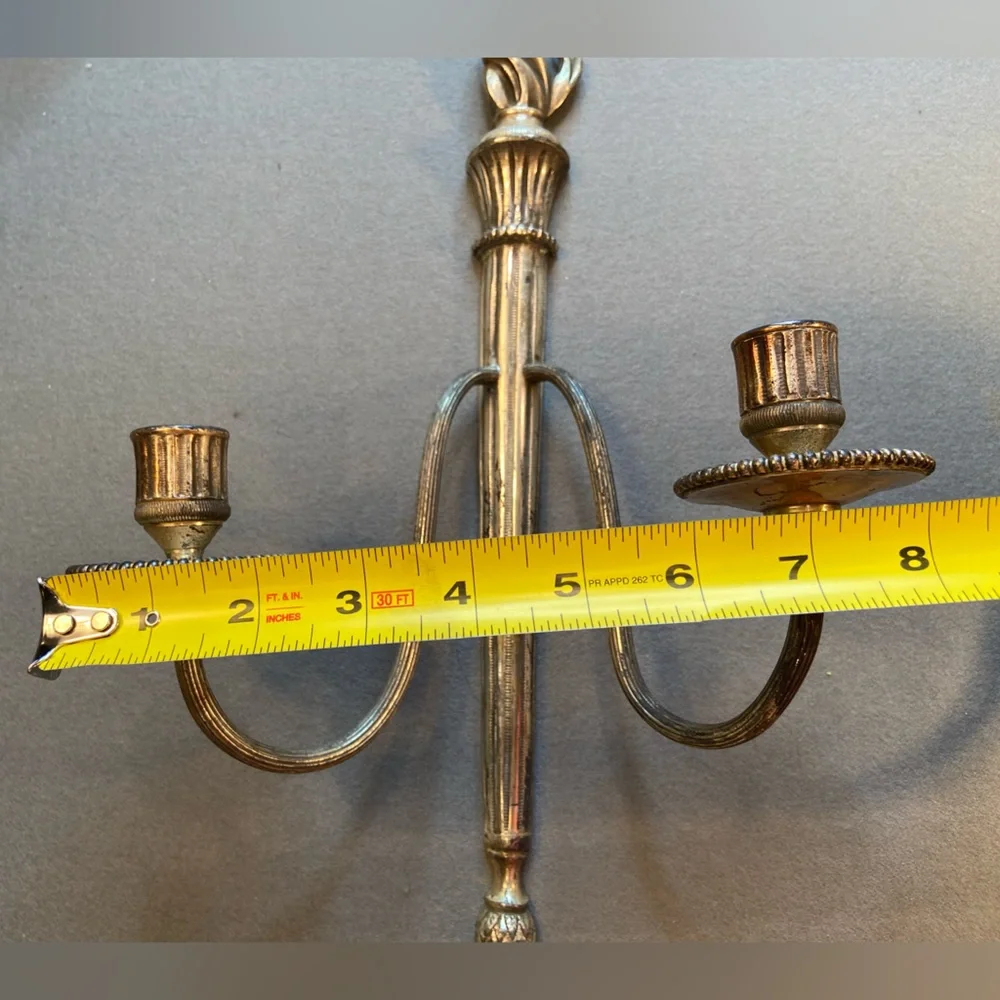Pair‎ Candle Wall Sconces, 2 arms,Silver tone, flame on top, pine cone on bottom